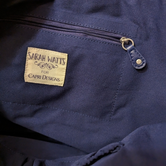 Sarah Watts crabby orange pattern messenger bag with blue leather strap - Picture 9 of 15